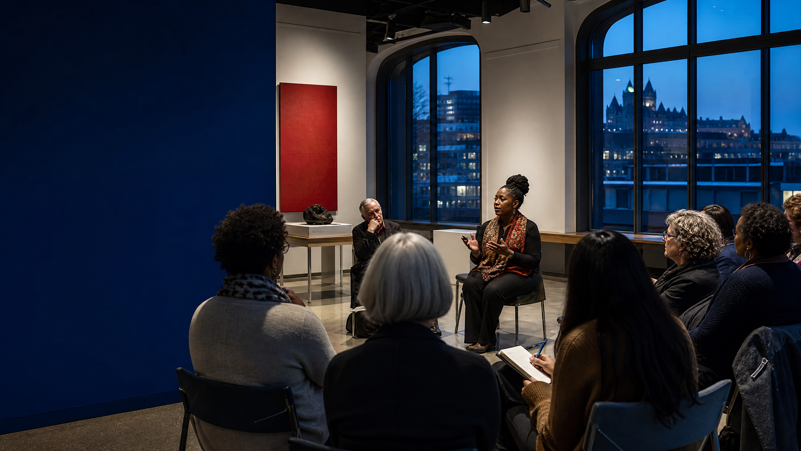 Community gathering at a bilingual arts and cultural forum in Quebec
